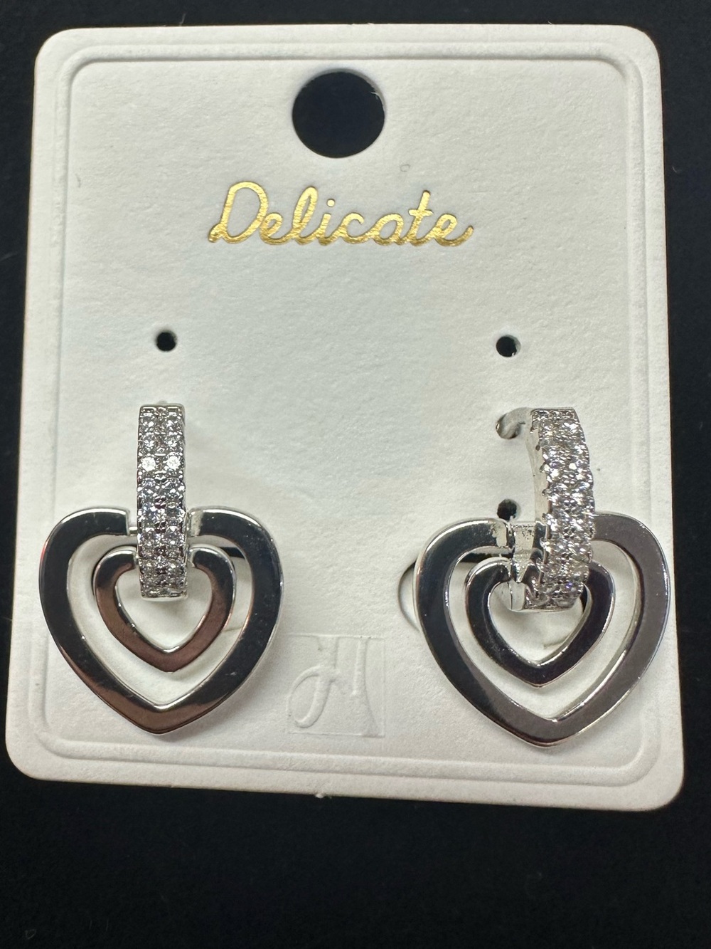 Delicate Silver Pave Double Heart Huggie Hoop Earrings Layered Drop NWT